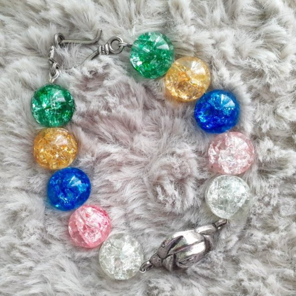 Colorful Glass Beads w/ Silver Grey Rose Charm Chain Bracelet HookEye Closure